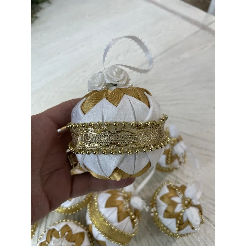 Vtg Handmade Folded Star Quilted Fabric Christmas Ornaments Gold White Lot of 10